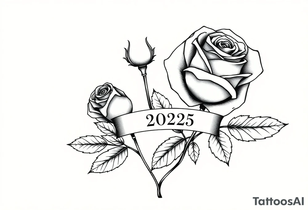 two beautiful large rose buds, one larger than the other, with lots and lots of leaves next to the rose buds, with one sitting slightly higher than the other, side-by-side.  Include a banner connecting the two roses with the year 2025 on it.   Use dark outlines with little shading. Remove all stems from the roses. tattoo idea