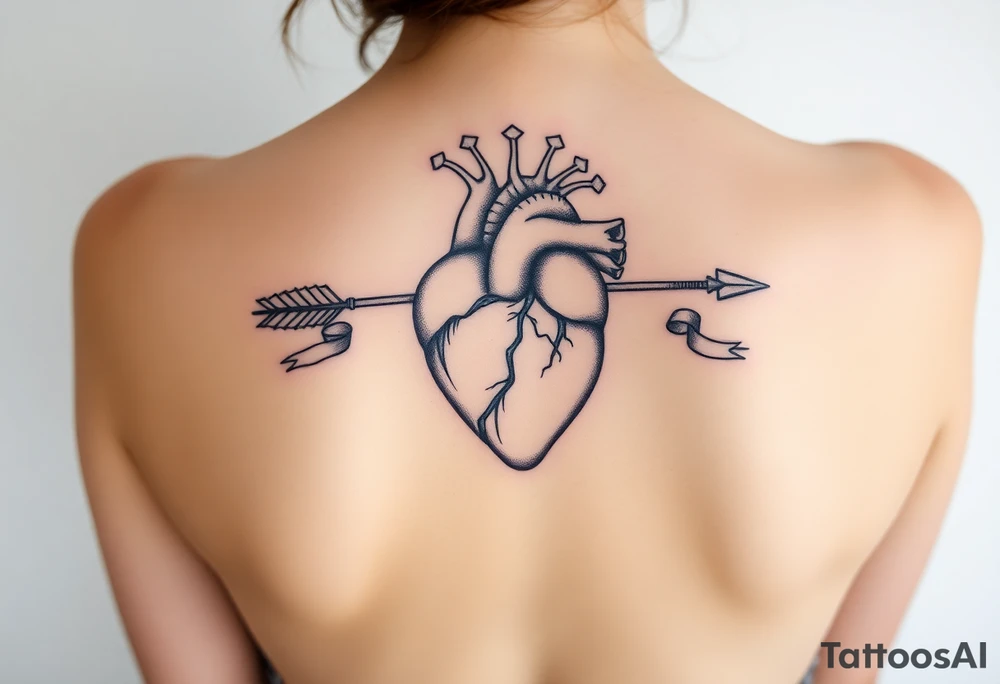 anatomical heart pierced by ornate arrow with flowing ribbons tattoo idea