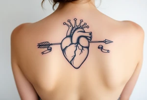 anatomical heart pierced by ornate arrow with flowing ribbons tattoo idea