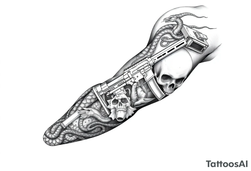I want a full sleeve from shoulder to wrist. I want to incorporate firefighting and Marine corps. I like snakes, rifles, guns, flames and skulls tattoo idea