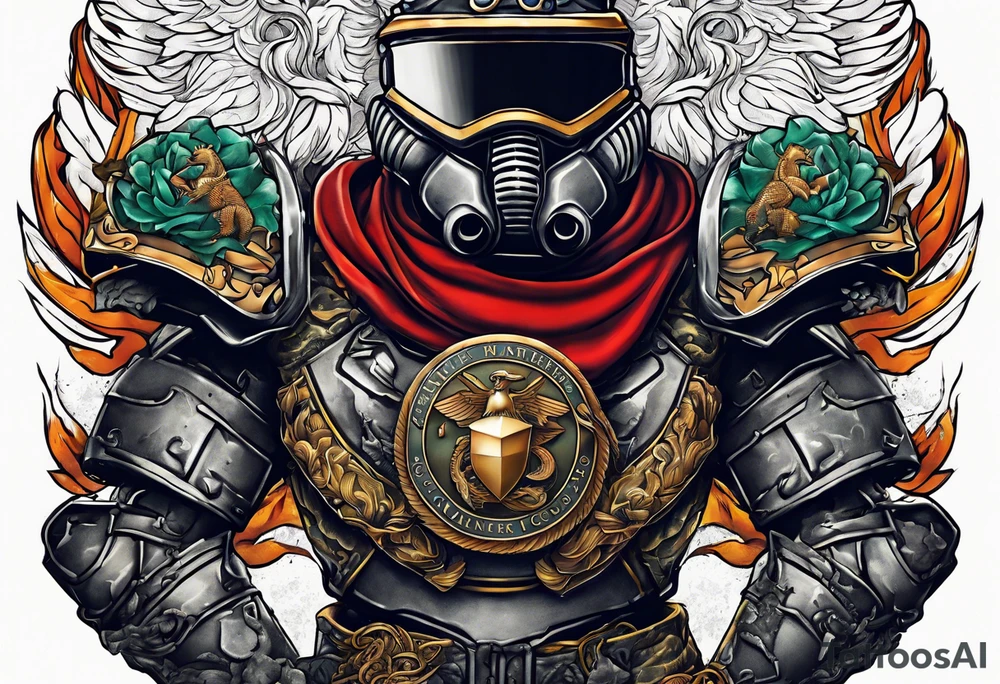 Armor breaking thru skin of shoulder with marine corp emblem showing tattoo idea