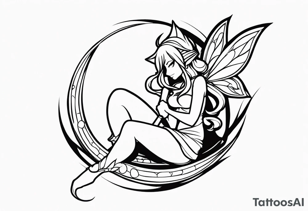 No color fairy with a tail inspired by the logo of the show called Fairy Tail in a fetal position leaning in tattoo idea