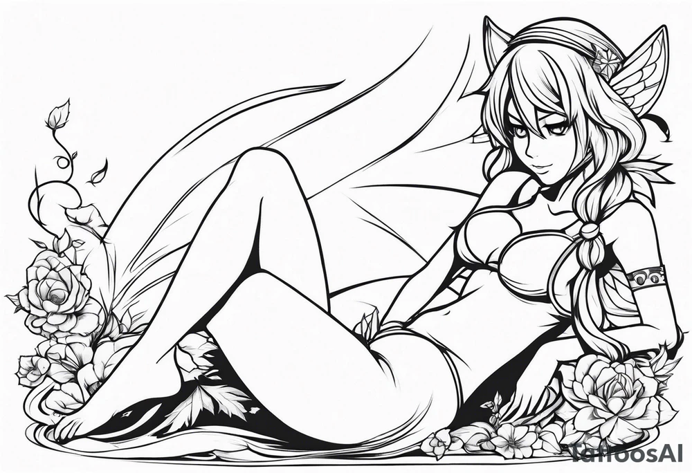 No color fairy with a tail inspired by the anime show called Fairy Tail in a fetal position leaning in and forward while crawled in tattoo idea