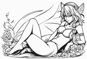No color fairy with a tail inspired by the anime show called Fairy Tail in a fetal position leaning in and forward while crawled in tattoo idea