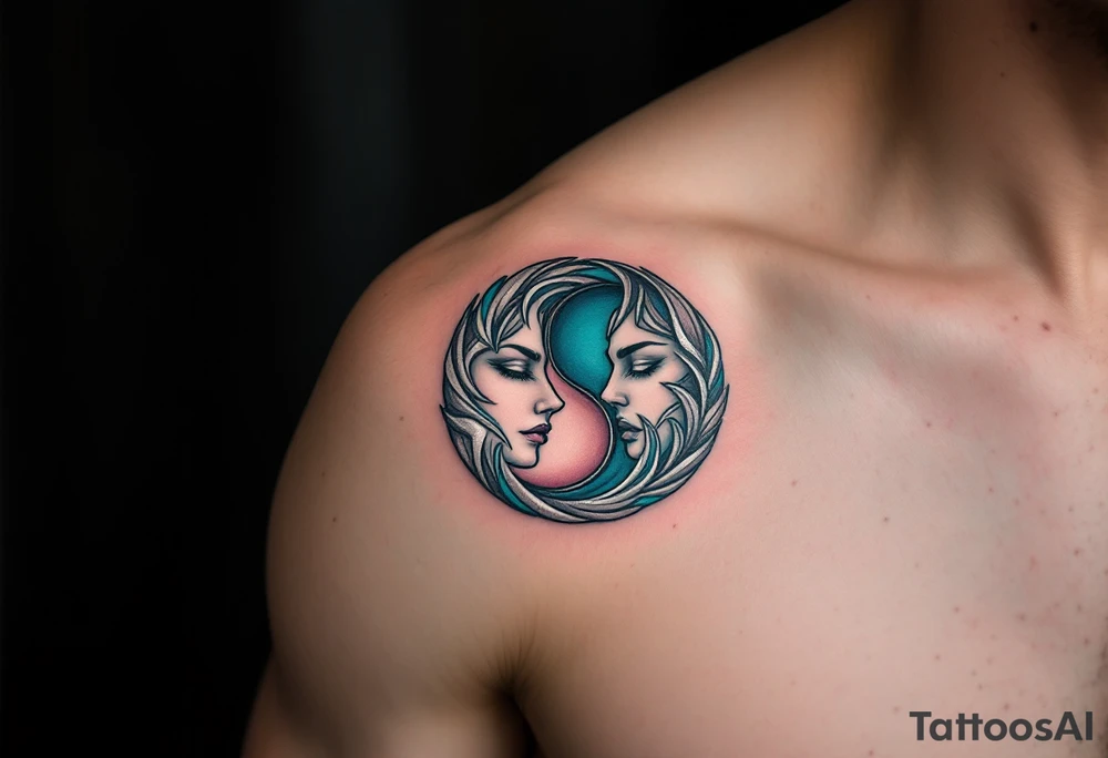 A dynamic Yin-Yang symbol formed by two mirrored faces, with swirling silver and teal accents, embodying balance and contrast. tattoo idea