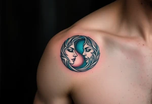 A dynamic Yin-Yang symbol formed by two mirrored faces, with swirling silver and teal accents, embodying balance and contrast. tattoo idea