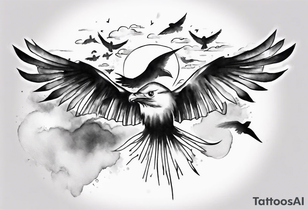 a shoulder tattoo with lots of rays of light in gradient starting from the middle
, clouds and birds flying free tattoo idea