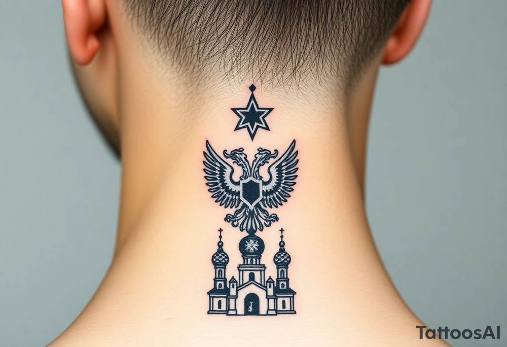 Stacked Vertical Column 

Russian star — bold
Middle: double-headed eagle — simplified, cleaner lines to suit the smaller space
Bottom: Orthodox church dome(s) & a Virgin Mary silhouette beneath tattoo idea