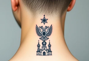 Stacked Vertical Column 

Russian star — bold
Middle: double-headed eagle — simplified, cleaner lines to suit the smaller space
Bottom: Orthodox church dome(s) & a Virgin Mary silhouette beneath tattoo idea