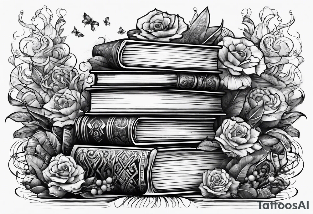 Stack of books surrounded by fantasy tattoo idea