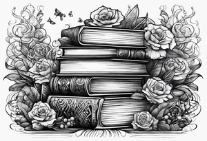 Stack of books surrounded by fantasy tattoo idea