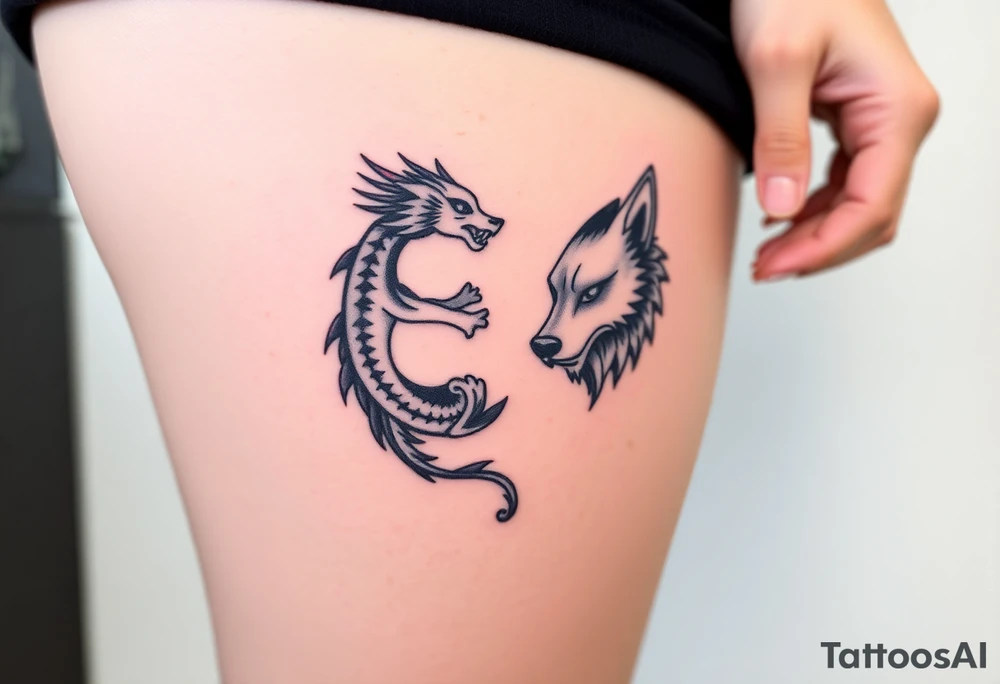 Ying yang symbol with one side a baby dragon and one side a wolf tattoo idea