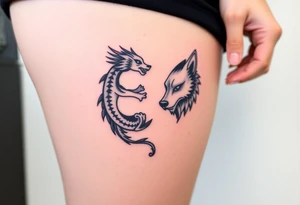 Ying yang symbol with one side a baby dragon and one side a wolf tattoo idea