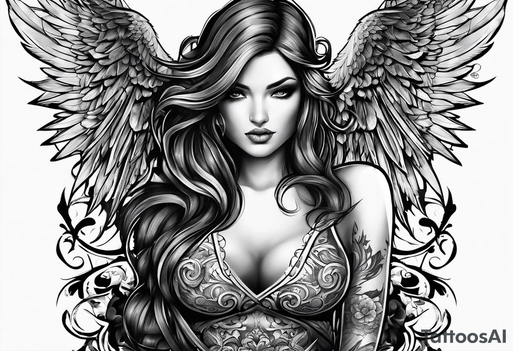 Tattooed Angel with The name « Leah » is written in gothic letters. tattoo idea