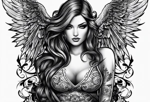 Tattooed Angel with The name « Leah » is written in gothic letters. tattoo idea