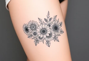 Bouquet of sunflowers, water Lillies, dahlias, marigolds, carnations, hydrangeas, daisys, and chrysanthemums tattoo idea