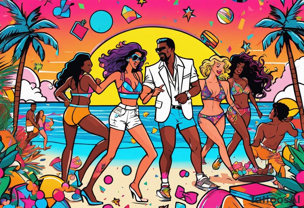 1980's miami vice style beach dance 
party, include confetti, music notes, boom box, bikinis sunset in the center tattoo idea