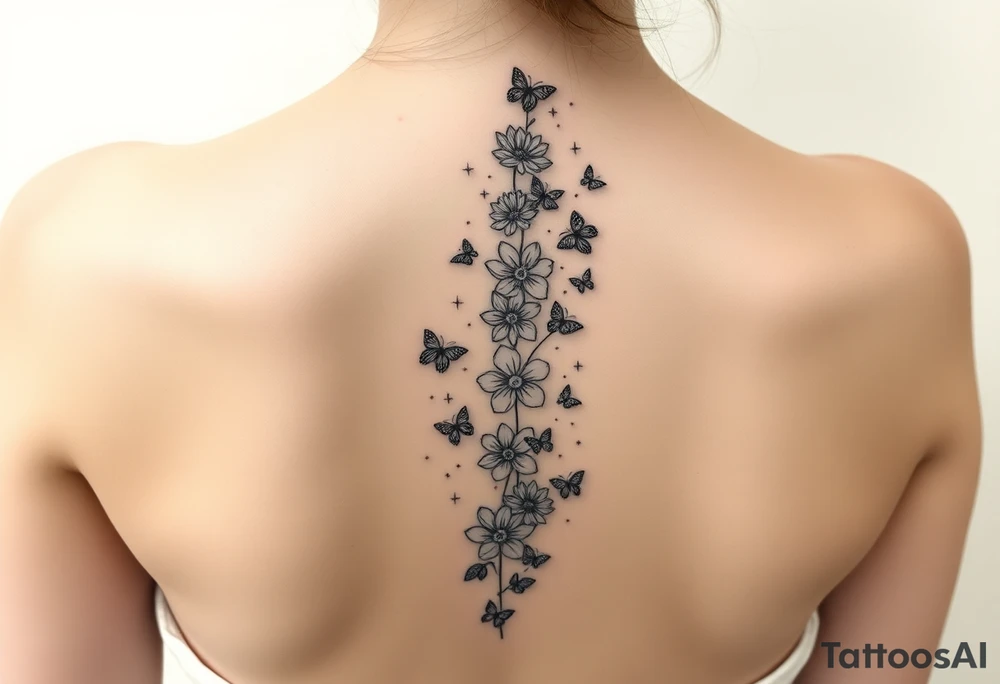 Flowers vertically down the spine surrounded by small butterflies and sparkles tattoo idea