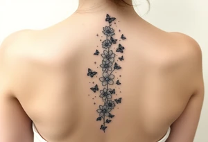 Flowers vertically down the spine surrounded by small butterflies and sparkles tattoo idea