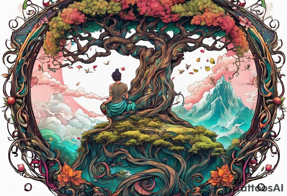 The deity Pan is entwined in a tree which is a portal in a other world tattoo idea