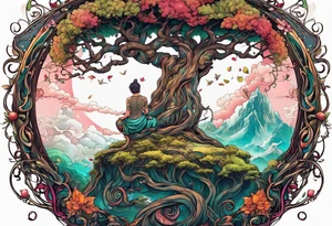 The deity Pan is entwined in a tree which is a portal in a other world tattoo idea