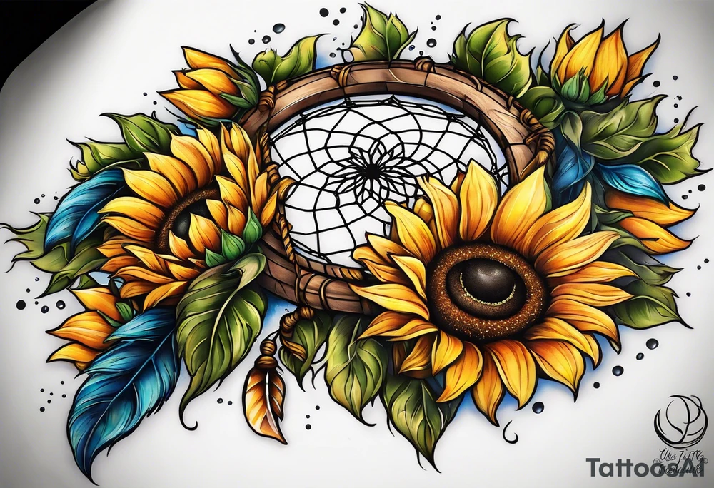 Dreamcatcher and sunflowers forearm sleeve tattoo idea