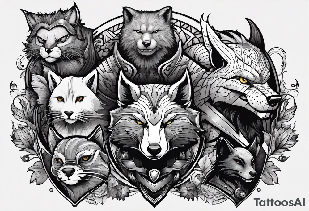 a super hero team which is combination of animals.
One is Badger/Wolverine One is Bull One is Wolf One is Axolotl One is Canary One is Lizard One is Cat tattoo idea