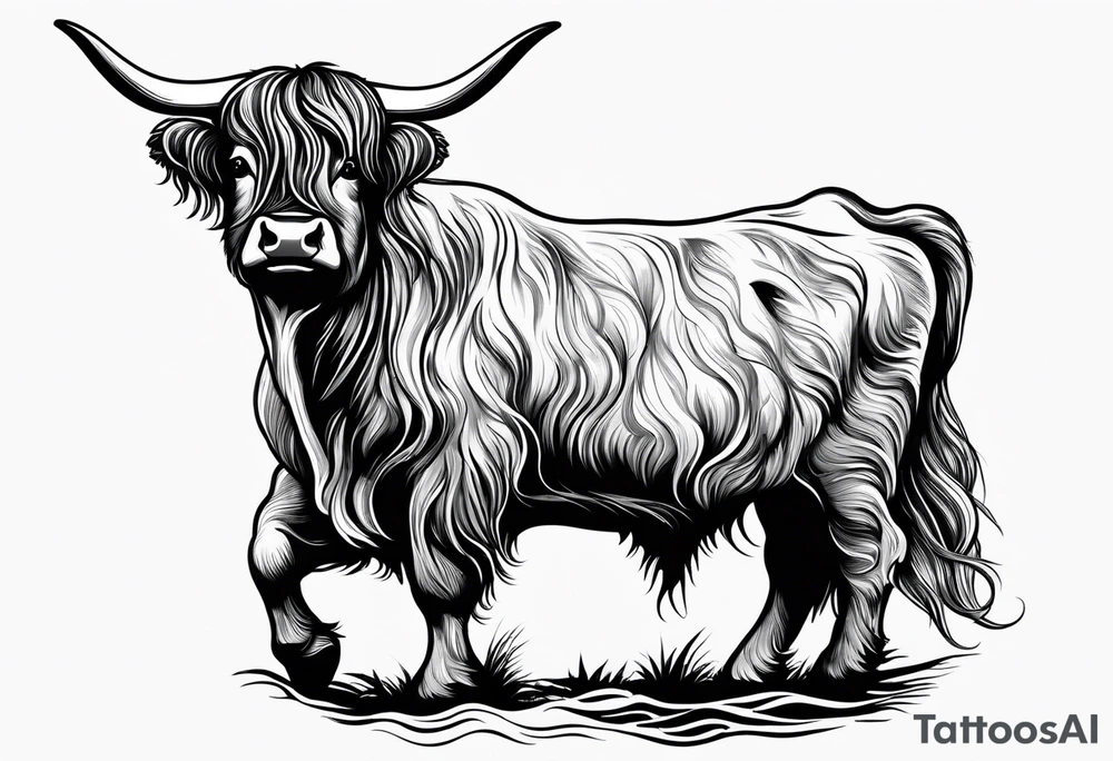 A highland cow riding Nessie from Loch Ness tattoo idea