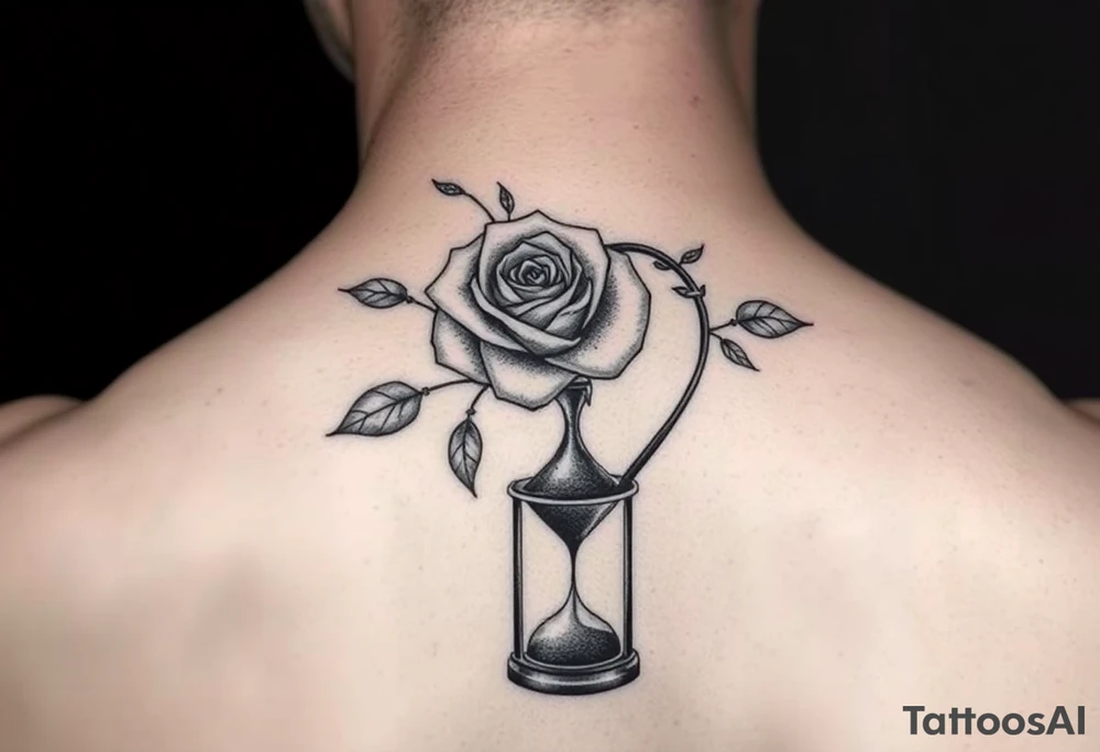 Arose in the shape of a heart with pieces of the Rose blowing away in the wind and the other half an hourglass with the sand out of time black and white feminine tattoo idea