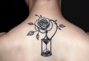 Arose in the shape of a heart with pieces of the Rose blowing away in the wind and the other half an hourglass with the sand out of time black and white feminine tattoo idea