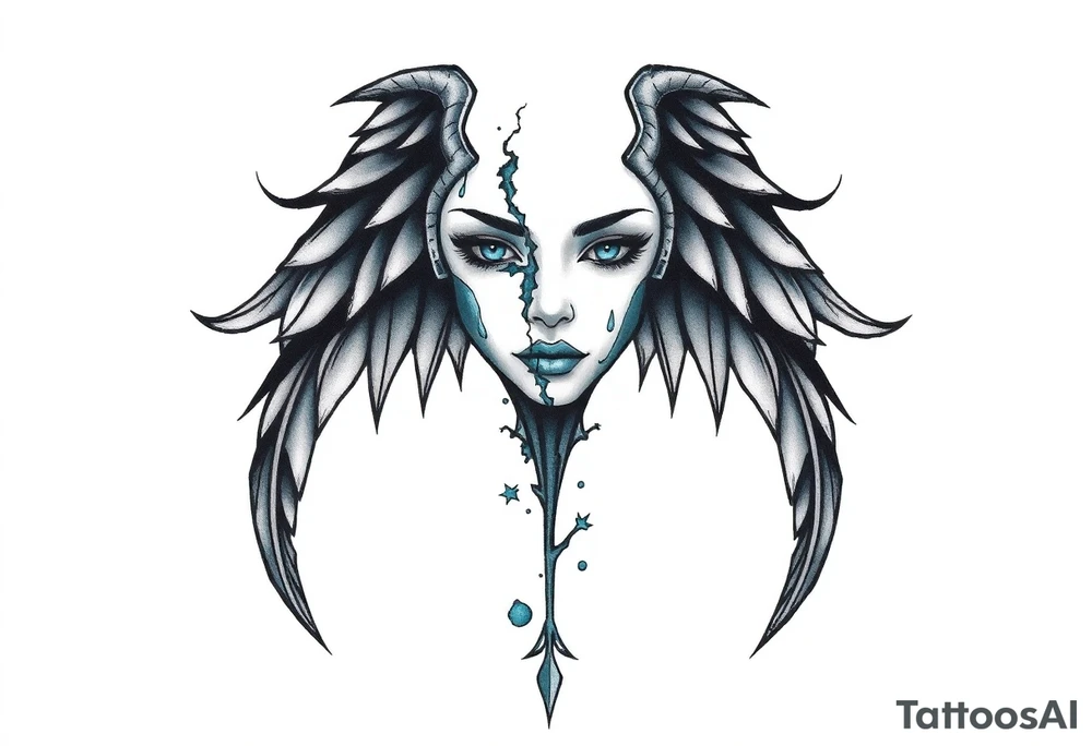 A minimalist tattoo that represents a shattered and betrayed gemini woman who fought hard throughout this year. With colors blue and black. Make it unique and rare. Without leaves and stem. tattoo idea