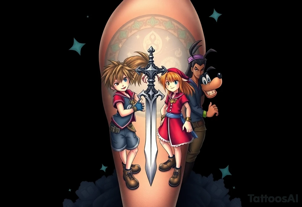 Exact Kingdom Hearts design featuring sora, kairi, riku, donald and goofy from the game, together in a dynamic, united pose. The centerpiece should include the soras Keyblade, with a beautiful and ethereal dark Kingdom Hearts-inspired background—think glowing stars, floating islands, and stained-glass elements in backroung. The design should capture themes of friendship, light vs. darkness, and adventure. Style should be detailed, fantasy-oriented, and suitable for a large piece tattoo idea
