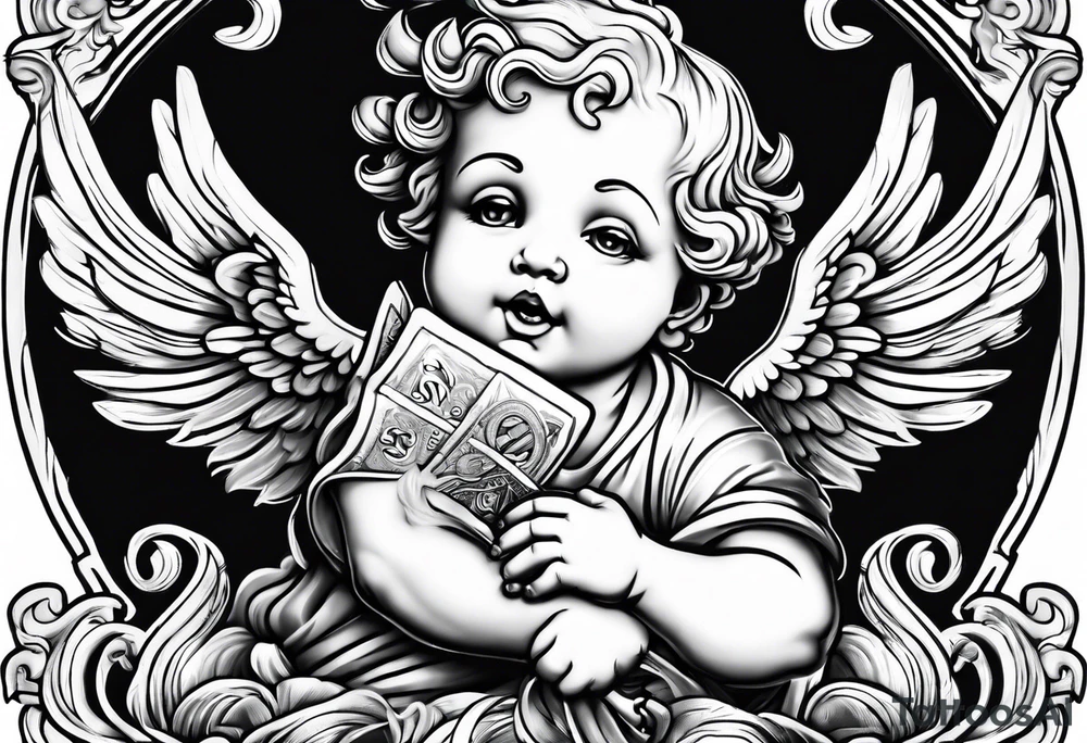 cherub outline holding a bag of money tattoo idea