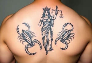 The figure of Lady Justice next to two Scorpions tattoo idea