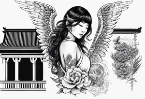 Asian angel on a balcony tattoo idea