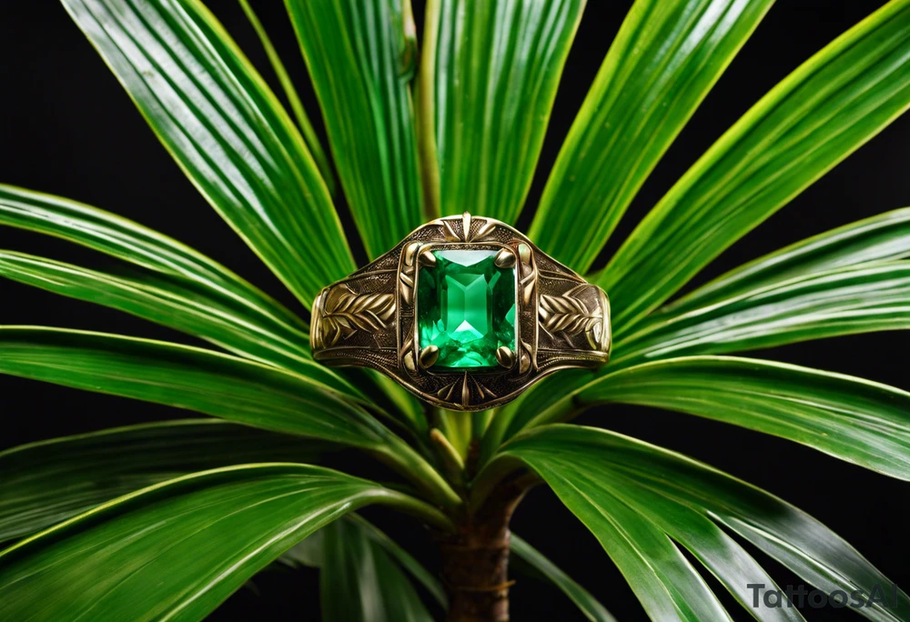 Tattoo: A striking Gachala emerald sits at the base of a tall quindio wax palm, which grows resiliently from cracks in rugged, rocky soil. The emerald is the main focal point, symbolizing strength and endurance, while the wax palm, rooted in the soil’s crevices, represents growth and resilience. A small water stream flows gently from the rocks, adding an element of life and nourishment. Style: 3D. tattoo idea