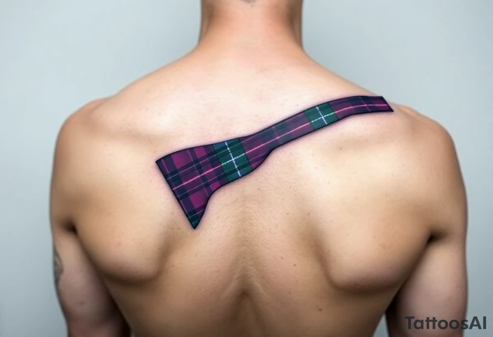 Dark Purple with green pink blue and white highlights tartan fabric with skin around edges peeling and wrapping around side of shoulder tattoo idea