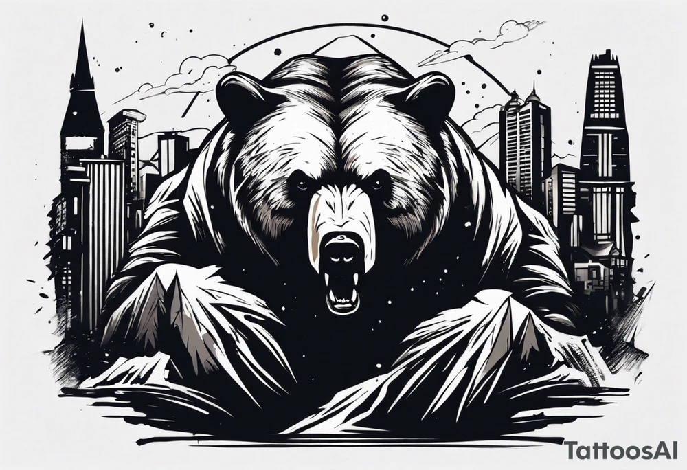 Serious bear coming up behind a city tattoo idea