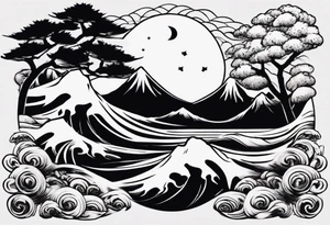 daytime yin with sun and ocean waves imagery in style of Hokusai with night time yin with moon and fir trees and mountains. edges should be blurred tattoo idea