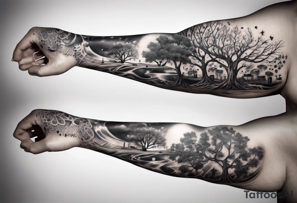 full arm sleeve tattoo... DNA, science, guitar, piano, music. tree of life, focus, masculine tattoo idea