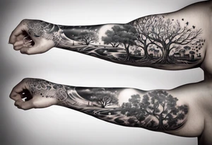 full arm sleeve tattoo... DNA, science, guitar, piano, music. tree of life, focus, masculine tattoo idea