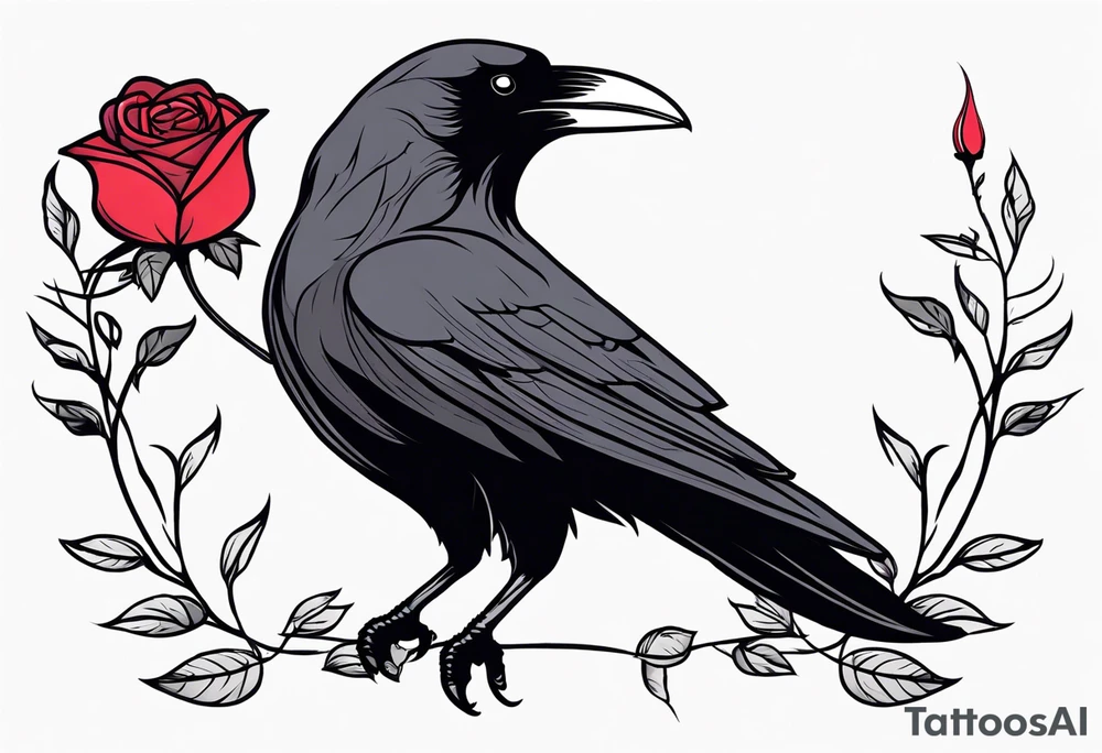 Raven facing forward with a rose underneath it tattoo idea