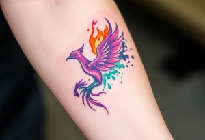 Phoenix being born with blazing flames with purple and green splashes tattoo idea