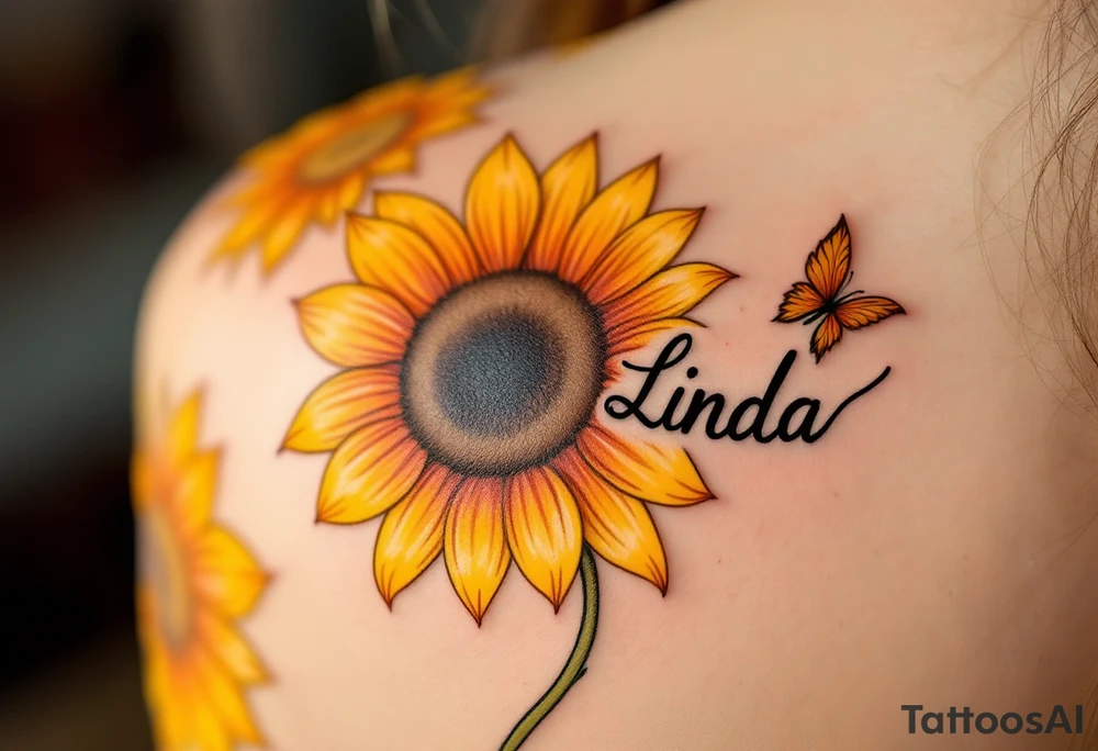 A vibrant sunflower in shades of yellow and orange with the daughter’s name Linda curved along the stem in black script. tattoo idea