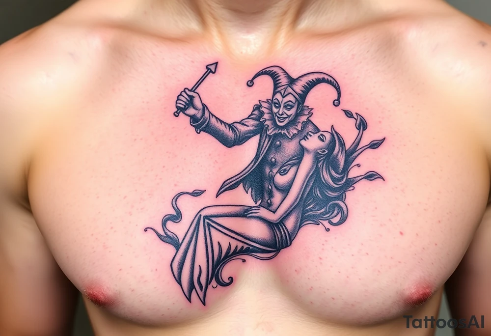 jester hovering over woman in smoke tattoo idea