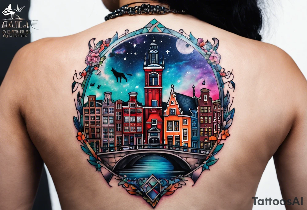 Tattoo of wolf and stag in Amsterdam featuring Amsterdam buildings and canal in galaxy colours featuring glass tattoo idea