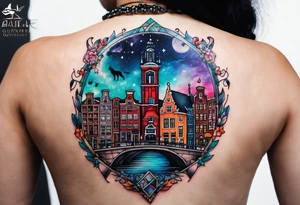 Tattoo of wolf and stag in Amsterdam featuring Amsterdam buildings and canal in galaxy colours featuring glass tattoo idea