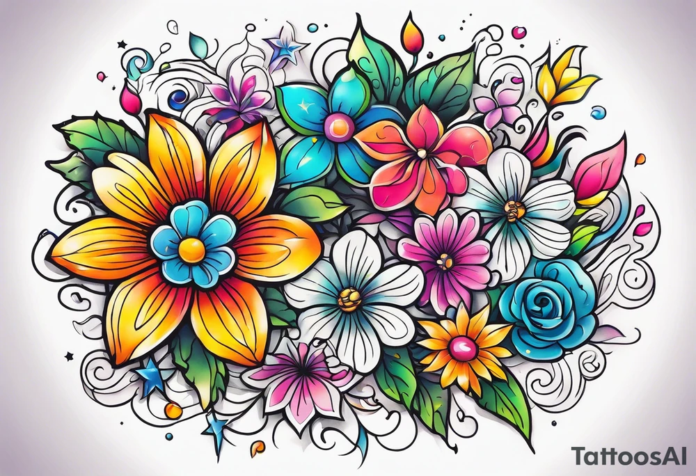 kawaii colorful flowers, stars, and characters tattoo idea