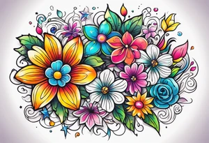 kawaii colorful flowers, stars, and characters tattoo idea