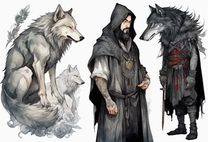 a gaunt medieval man with black hair, white eyes, and a black cloak standing beside a massive grey wolf tattoo idea